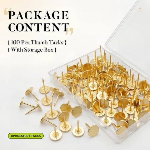 Reliable Heavy Duty Gold Thumb Tacks Boss Level Needlepoint Push Pins For Walls And Cork Boards Gonna Stay Put Without Bending Premium Steel Home Decor Fixtures in a clear storage box.