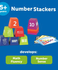 Number Stackers Math Manipulatives Set For Kids, Hands On Addition And Subtraction Practice shown with stacking cups and cards.