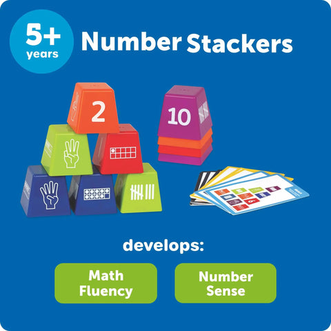 Number Stackers Math Manipulatives Set For Kids, Hands On Addition And Subtraction Practice shown with stacking cups and cards.