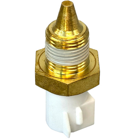 MecXora engine coolant temperature sensor with brass threaded body and white plastic connector, front view
