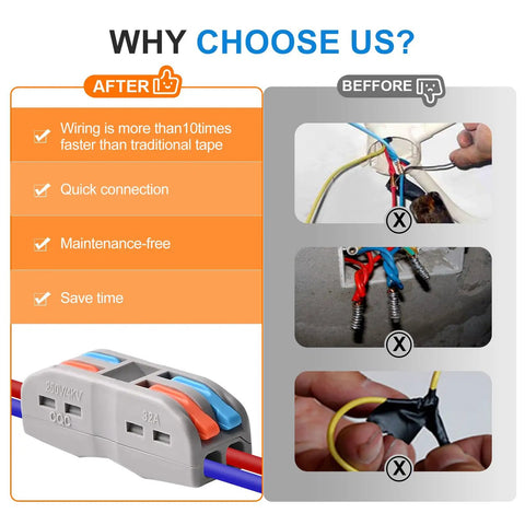 Comparison of Lever Nut Wire Connectors Kit 50Pcs 2 Conductor 2 In 2 Out with traditional tape for fast wiring setup.