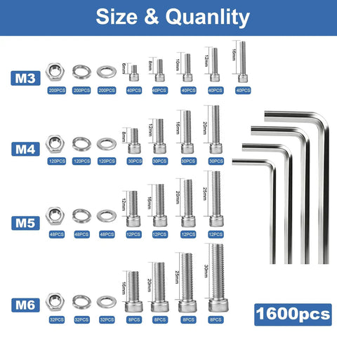 Score a Solid 1600 Pcs M3 M4 M5 M6 Metric Screw Assortment Kit Featuring detailed sizes of screws and nuts in a 1600 piece layout.