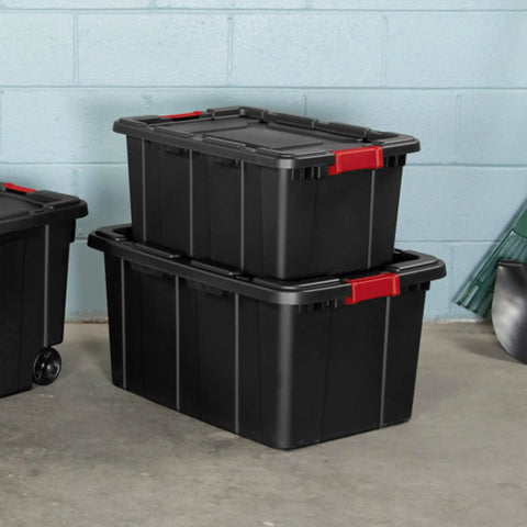 Heavy Duty Plastic Storage Totes With Secure Snap Lids For Garage Shed Organization 15 Gallon 18 Pack stackable black bins in garage.