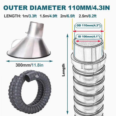 Pro Grade Soldering Fume Extractor With Rock Solid 360 Pivot Arm and Heavy Duty Steel Hood showing dimensions and duct sizes.