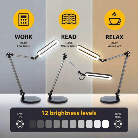 LED Architect Desk Lamp With Wireless Charger And Adjustable Swing Arm featuring 3 color modes and 12 brightness levels, 32 inch tall