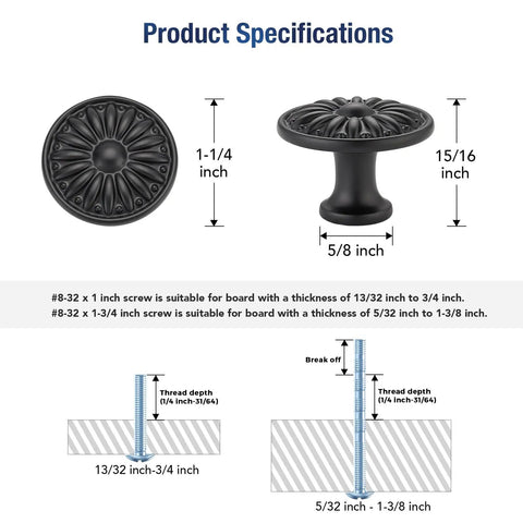 Matte Black Cabinet Knobs Set With Rosette Design One And A Quarter Inch Ten Pack Sturdy Zinc Alloy Drawer Handles For Kitchen Cabinets And Dressers Easy One Hole Install Perfect For A Quick Style Upgrade, 1-1/4 inch knob dimensions
