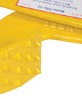 Beefy Steel Single Scissor Pallet Puller With Seven Inch Jaw Opening And Five Thousand Pound Pulling Capacity Rugged Pallet Handling Tool For Smooth Truck Floors Self Cleaning Head Yellow showing side detail.