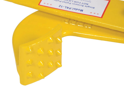 Beefy Steel Single Scissor Pallet Puller With Seven Inch Jaw Opening And Five Thousand Pound Pulling Capacity Rugged Pallet Handling Tool For Smooth Truck Floors Self Cleaning Head Yellow showing side detail.