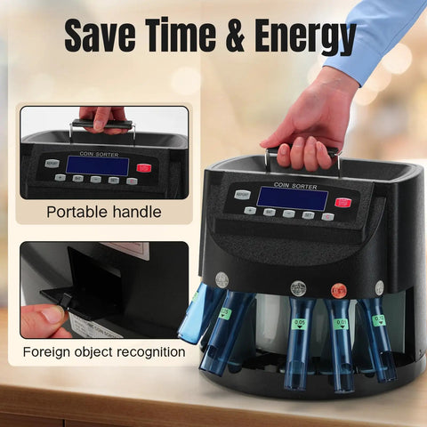 Automatic Coin Counter And Sorter With LCD Display That Rolls Through 270 Coins Per Minute, 300 Coin Capacity with handle