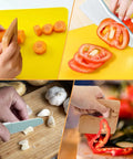 RISICULIS 11-piece wooden kids kitchen knife set with blue handles on yellow cutting board slicing carrots
RISICULIS blue-handled wooden kids knife cutting a red bell pepper; serrated edge visible
RISICULIS wooden kids knife with turquoise blade mincing garlic on cutting board
RISICULIS wooden kids knife in-use view cutting a red pepper on a cutting board