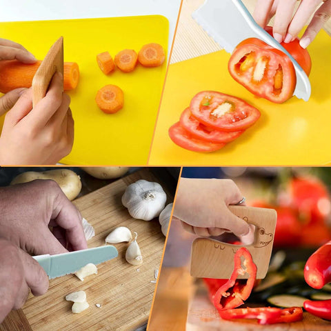 RISICULIS 11-piece wooden kids kitchen knife set with blue handles on yellow cutting board slicing carrots
RISICULIS blue-handled wooden kids knife cutting a red bell pepper; serrated edge visible
RISICULIS wooden kids knife with turquoise blade mincing garlic on cutting board
RISICULIS wooden kids knife in-use view cutting a red pepper on a cutting board