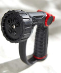 7 Pattern Watering Nozzle With Thumb Control For Backyard Bosses From Rainlike Shower To Powerful Jet Includes Shower Center Flat Mist Full And Jet Modes Longer Reach Higher Flow Black nozzle showing front view of spray head with grip handle.