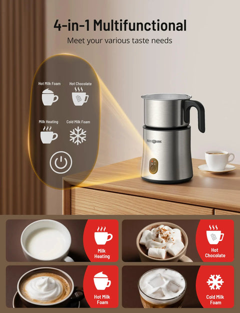 4 In 1 Milk Frother And Steamer With Detachable Milk System, 500ml Capacity, Hot Chocolate Maker On Wooden Cabinet