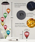 Solar Wind Chimes Outdoor Lights with 30 Warm White LEDs Hot Air Balloon Style, solar panel, and light switch details displayed.