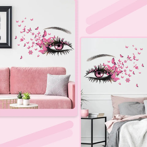 Eyelash Eyes Wall Stickers With Flying Butterflies, Girly Heart Decor Vinyl Art Decals For Women And Girls in a pink room