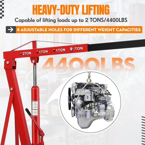 Heavy Duty Hydraulic Engine Hoist Cherry Picker 4400 Lbs Capacity with 4 adjustable holes and engine part in view.