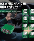 VLinker FD Plus OBD2 Bluetooth Diagnostic Scanner for cars and trucks, green adapter in car interior with feature list