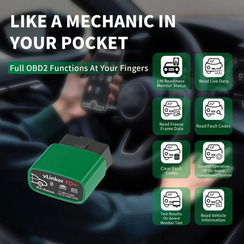 VLinker FD Plus OBD2 Bluetooth Diagnostic Scanner for cars and trucks, green adapter in car interior with feature list