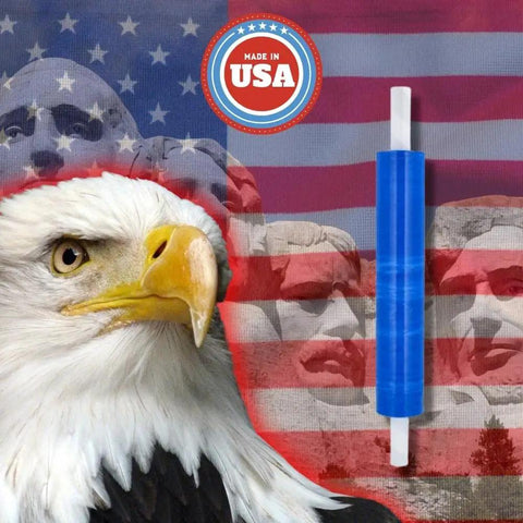 Heavy Duty Dark Blue Stretch Wrap With Built In Core Handles 20 By 1000 Feet Eighty Gauge Super Cling Plastic Film Roll Pack Of Four on American flag background.