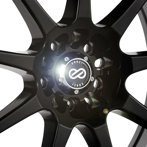 Close-up of EDR9 Matte Black 16x7 Wheels for 4x100 and 4x114.3 bolt patterns with aggressive deep lip design by Enkei.