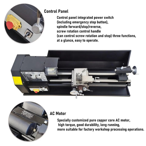 Top Tier 750W Heavy Duty Bench Metal Lathe Featuring MT4 Spindle Taper And Dual Speed Settings From 115 To 1620 Rpm control panel with emergency stop and screw rotation controls.