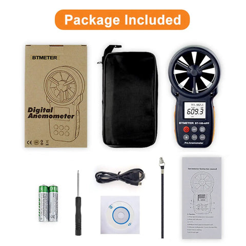 Pro Handheld HVAC Anemometer And CFM Flow Meter With Wet Bulb Temp Wind Speed Temperature Humidity Dew Point And Max Min Readouts For Smooth Boss Level HVAC Balancing And Quick Computer Sync package includes meter, case, USB cable, probe, batteries, manual