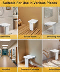 Folding Shower Chair Wall Mounted Fold Down Bath Seat With 440 Lb Capacity shown in various settings, including bathroom and sauna.