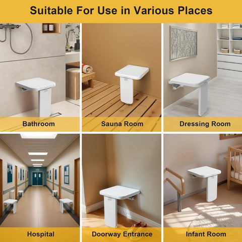 Folding Shower Chair Wall Mounted Fold Down Bath Seat With 440 Lb Capacity shown in various settings, including bathroom and sauna.