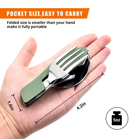 4 In 1 Camping Utensil Set With Detachable Fork Spoon Knife And Bottle Opener for hiking, compact in a hand, Army Green