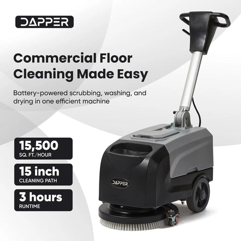 Battery Powered Walk Behind Floor Scrubber Buffer Polisher With Foldable Handle 15 Inch Brush 19 Inch Squeegee 4.5 Gallon Tank
