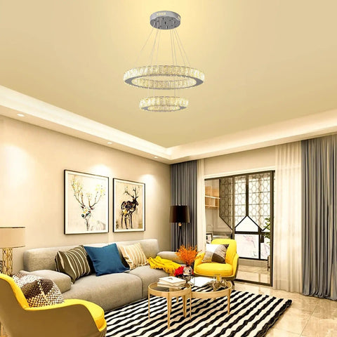 Double Ring Crystal Chandelier Pendant Light With Adjustable Height, LED Ceiling Fixture, 38W, Multi Color LED, White Warm Natural Light, 19.49 And 11.61 Inch Diameters, DIY Flexible Cable Design