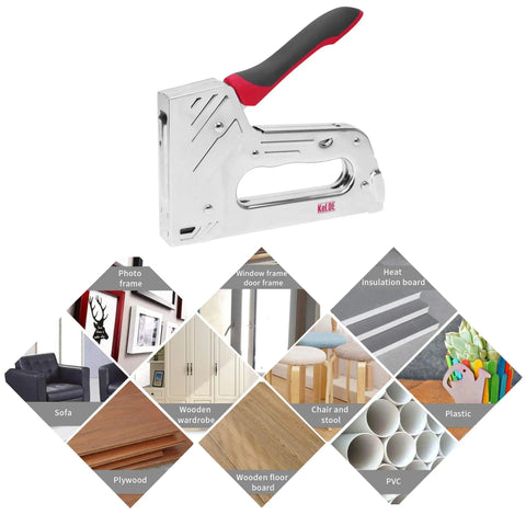 Beefy Workhorse 2 In 1 Manual Stapler And Nail Gun Kit with images showing uses like sofa, photo frames, plywood, and more.