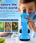 Awesome Kids Microscope Kit 40x To 1600x Magnification With LED Light STEM Toy For Beginners Ages 6 To 12 Includes Prepared Slides And Tool Set For Curious Young Scientists. Blue plastic kids microscope used by child