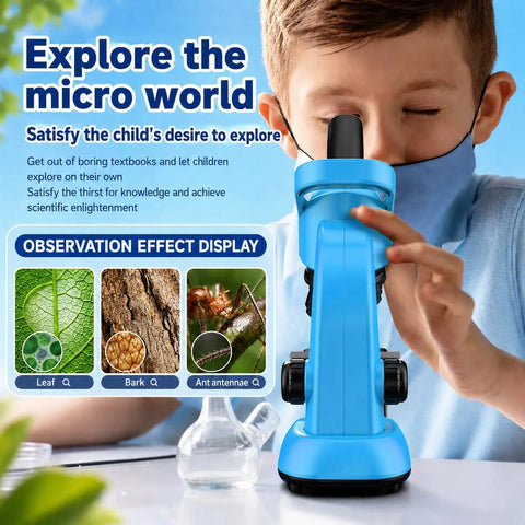 Awesome Kids Microscope Kit 40x To 1600x Magnification With LED Light STEM Toy For Beginners Ages 6 To 12 Includes Prepared Slides And Tool Set For Curious Young Scientists. Blue plastic kids microscope used by child