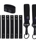 Heavy Duty Nylon Tactical Belt Fasteners With Double Snap Clasps And Secure Key Keeper Loops. Six black nylon straps with clasps.
