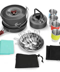 22 Piece Camping Cookware Mess Kit For Four With Hanging Pot Pan Kettle Base Cups Spoons Forks Carry Bags Outdoor Set