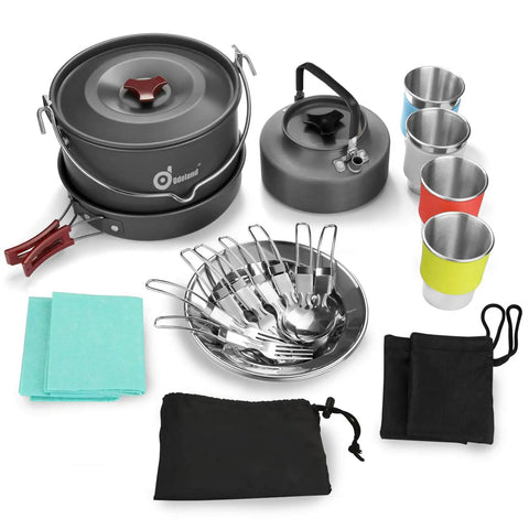 22 Piece Camping Cookware Mess Kit For Four With Hanging Pot Pan Kettle Base Cups Spoons Forks Carry Bags Outdoor Set