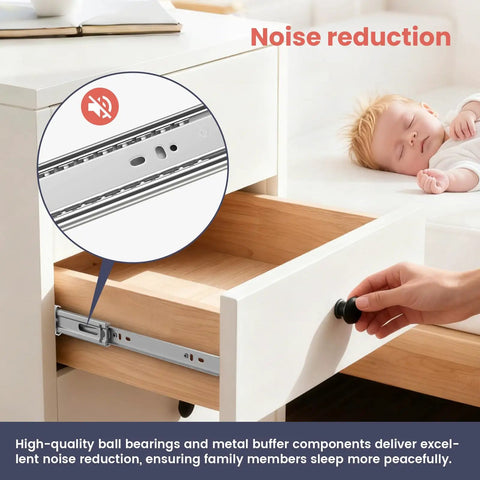 Six Pair 24 Inch Heavy Duty Side Mount Drawer Slides With Whisper Quiet Soft Close Glide Smooth As Butter Cabinet Swings zero slamming showcasing soft close and noise reduction features.