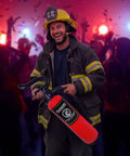 Person in firefighter costume holding a 20-inch red inflatable fire extinguisher prop for firefighter costumes and themed parties.