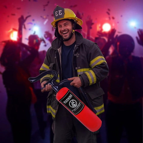 Person in firefighter costume holding a 20-inch red inflatable fire extinguisher prop for firefighter costumes and themed parties.