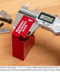 Rugged One Inch Offset Table Saw Fence Stop Featuring Slick Clamp On Design For Rapid Rip Fence Setup And Dead On Repeatable Crosscuts Every Damn Time In Your Workshop with caliper measuring.