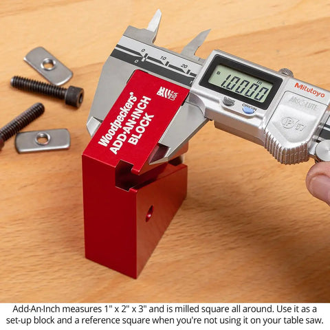 Rugged One Inch Offset Table Saw Fence Stop Featuring Slick Clamp On Design For Rapid Rip Fence Setup And Dead On Repeatable Crosscuts Every Damn Time In Your Workshop with caliper measuring.