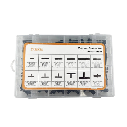 Front view of a clear plastic case with CAESKES label containing black nylon automotive vacuum connectors (12 sizes)