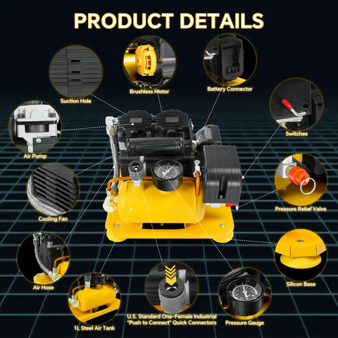 Ultra Quiet Cordless Air Compressor Compatible With DeWalt 20V Battery. Portable Oil-Free Electric Pump, 0.26 Gallon Tank, Only 65 Db Noise Level. Super Easy To Use For Tires And Sports Gear Fast Inflation Job Done Right
