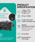Product specifications of the 3000 Watt Voltage Converter Transformer For Travel And Home, featuring dual circuit breaker protection and ConvertingBox Technology.
