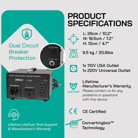Product specifications of the 3000 Watt Voltage Converter Transformer For Travel And Home, featuring dual circuit breaker protection and ConvertingBox Technology.