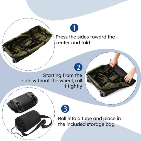 Folding process of Expandable To 140L Duffle Bag With 2 Beefy Wheels, Oxford Soft Sided Rolling Carry On, in green.