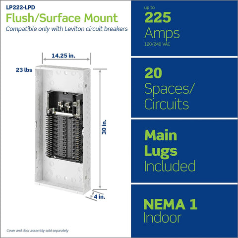 20 Space 20 Circuit Indoor Load Center With Main Lugs LP222 LPD for Easy Rough In Wiring, dimensions and specs display