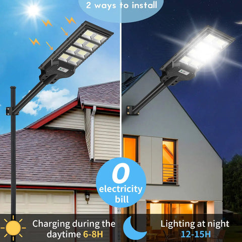 200W Solar Street Lights Outdoor Motion Sensor With Remote Control, 800 LED Flood Lights on a pole by a house, day to night use.