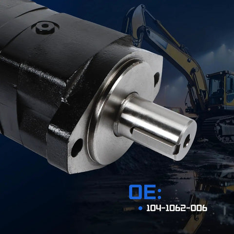 Close-up of Drop-In Hydraulic Motor Replacement For Eaton Char-Lynn 2000 Series Gerotor with construction equipment in background.